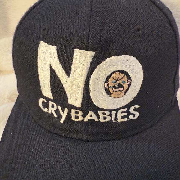 Vintage No Crybabies Hat Cap Snap Back Mens One Size Black Slogan Graphic 80s - Picture 2 of 7